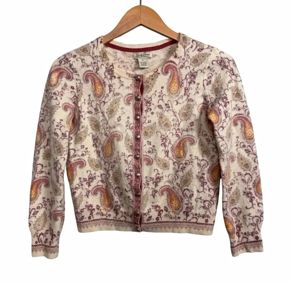 Women’s Lucky Brand Beige Paisley Knit Button Front Round Neck Cardigan Small
